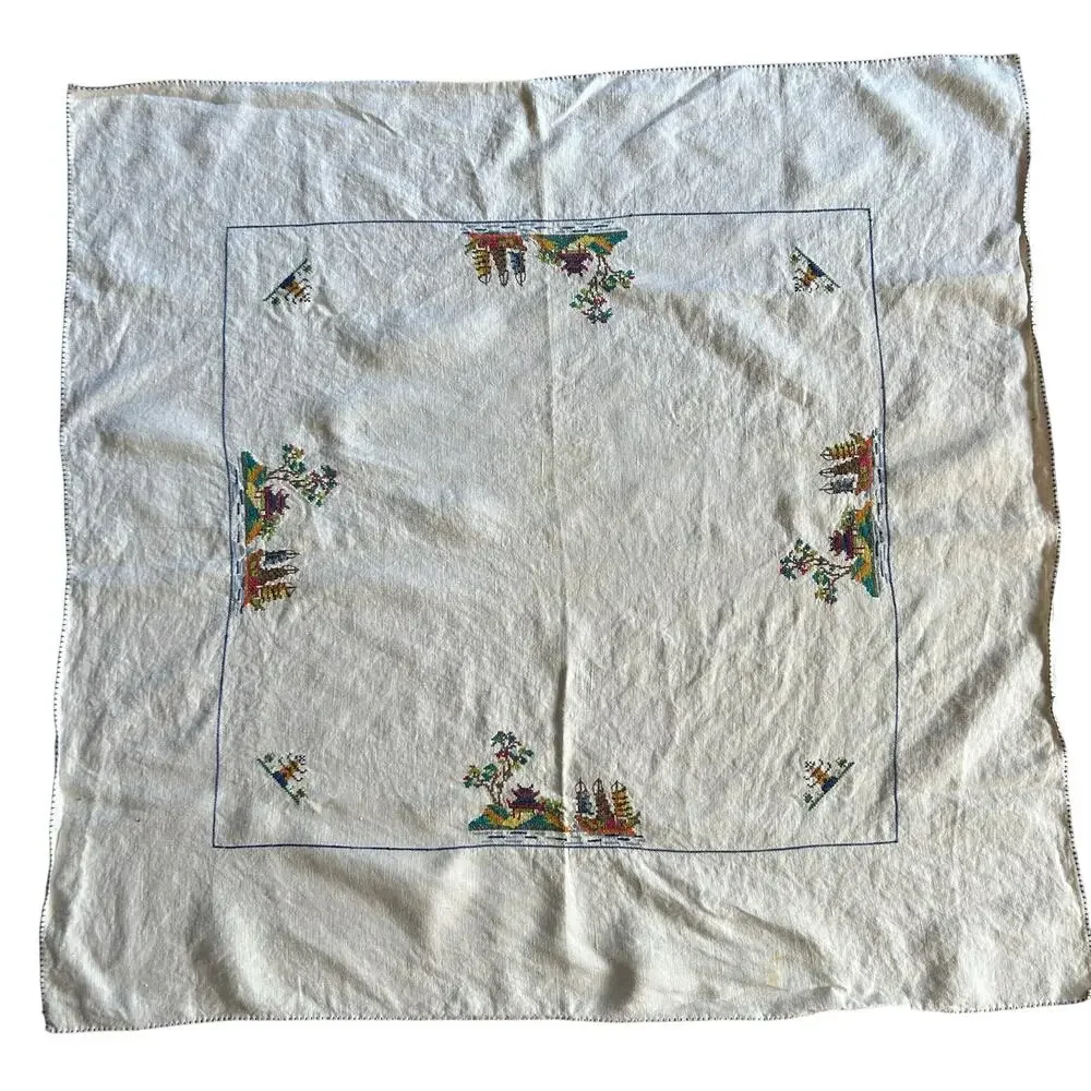 Vintage square handmade cross-stitch linen textile Asian pagoda scene